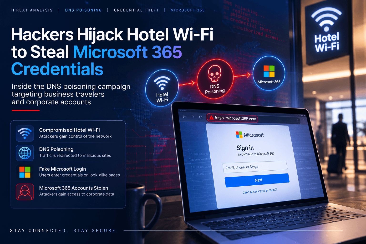 Bạn Kết Nối Wi-Fi Khách Sạn, Kẻ Tấn Công Đã Vào Tài Khoản Microsoft 365 — Mà Bạn Không Nhấp Gì Cả